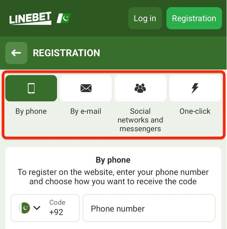 Screenshot of Linebet's four registration methods