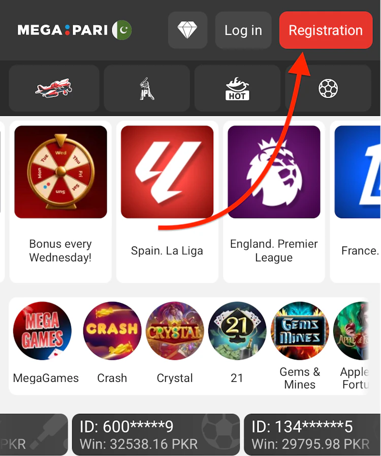 The Megapari home page with the promo code registration button
