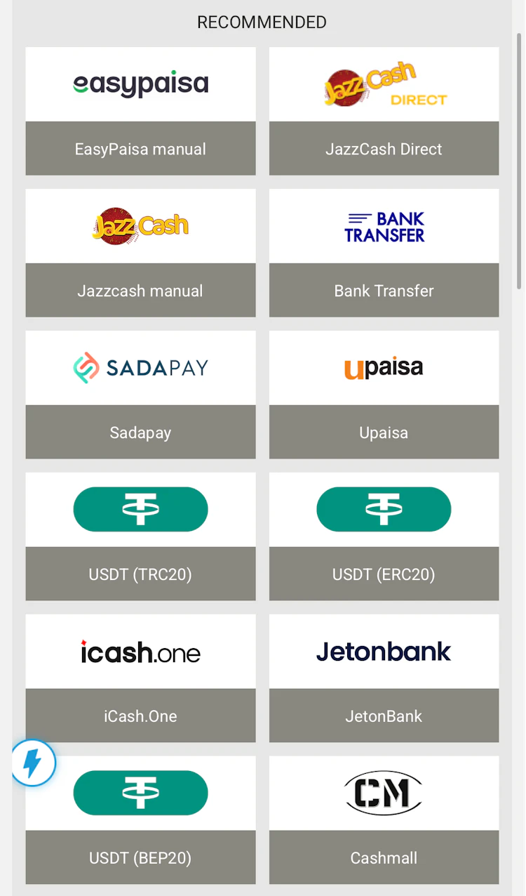  Screenshot of Megapari's recommended deposit methods in Pakistan. 