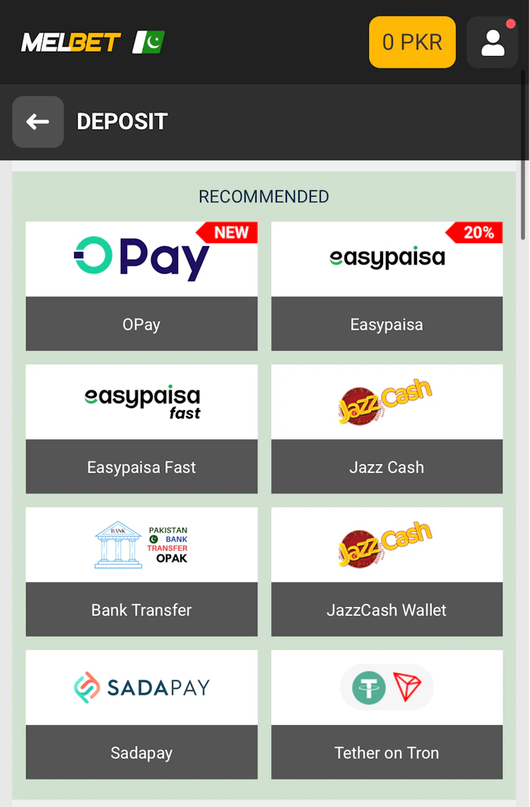  The recommended deposit methods at Melbet Pakistan shown with logos