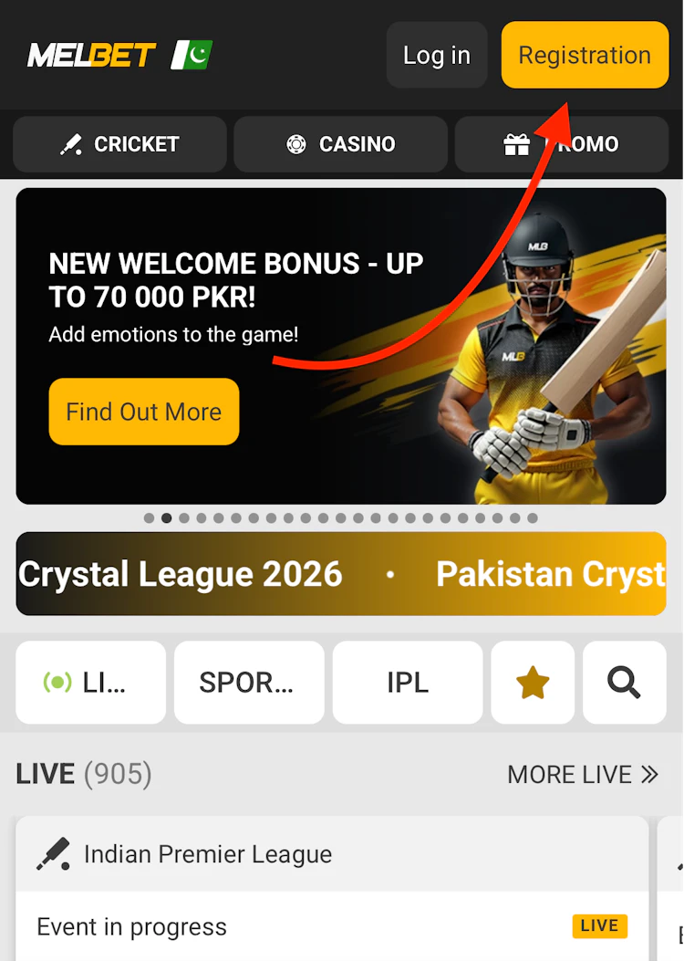  The Melbet home page with the promo code register button
