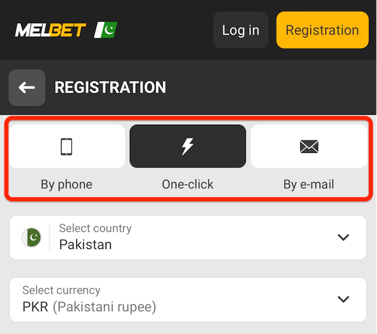  The three buttons for the three registration methods at Melbet Pakistan