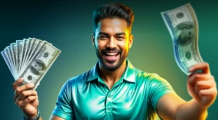  A happy man holding many dollar bills