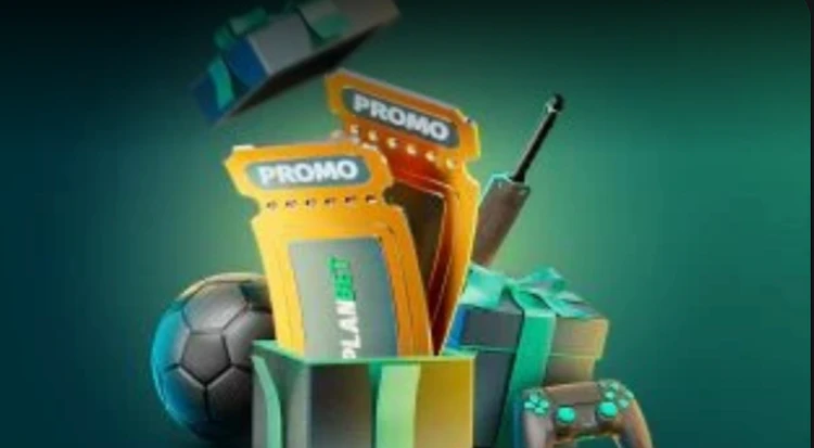  Screenshot of the Planbet promo code add, a gift box with free bet tickets and sports equipment