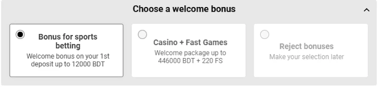 Select your welcome bonus 