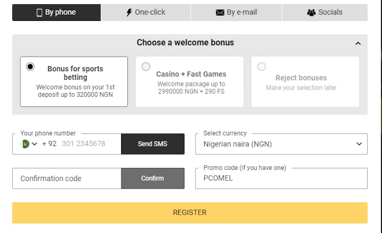 Where to input 1xBet promo code when registering a new account