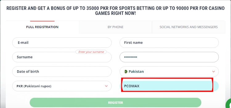 Where to input 22Bet promo code when registering a new account