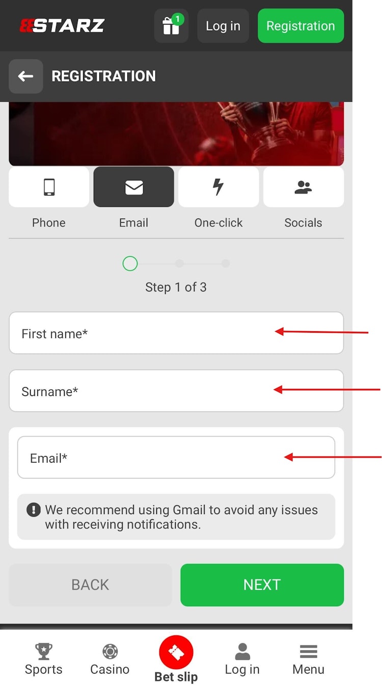 888Starz Registartion Method 1
