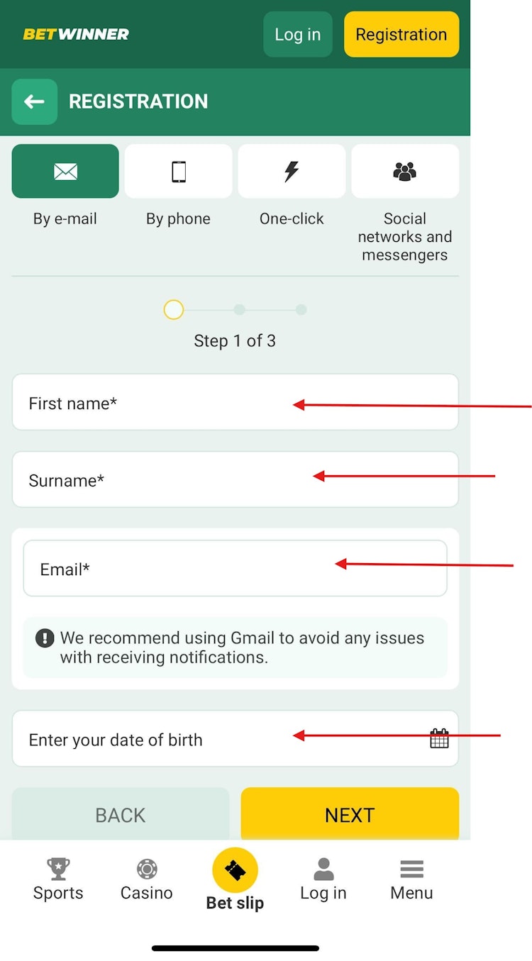 Betwinner Registartion Method 1