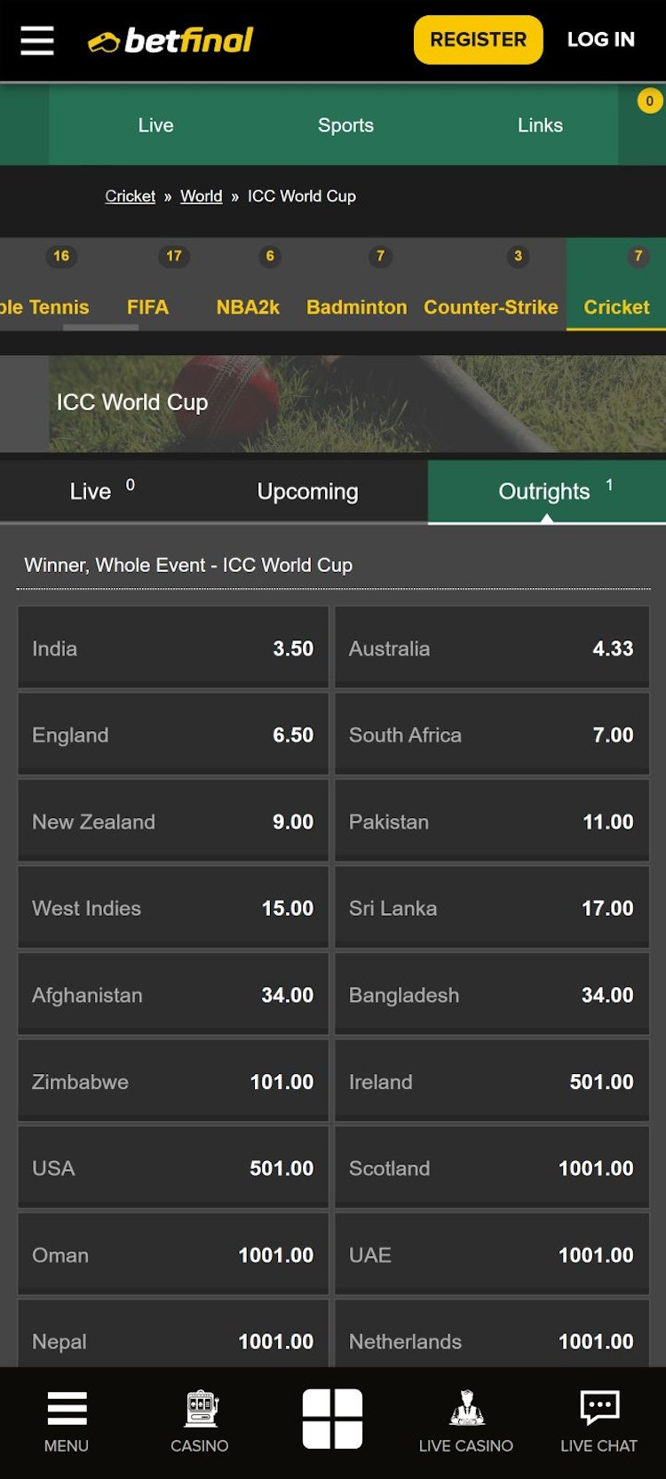 Betfinal cricket betting